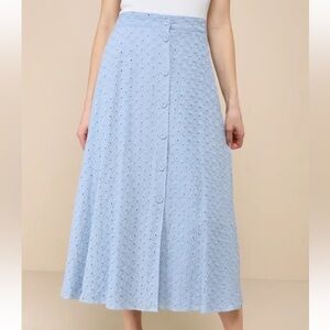 Lulus Cute Sweetness Light Blue Eyelet Embroidered Midi Skirt New